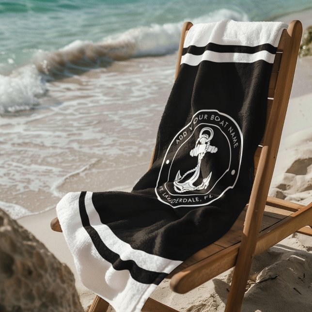 Name des Schiffes für das Schiff Ankerplatz jeder  Strandtuch (Nautical Anchor White and Black Beach Towel)