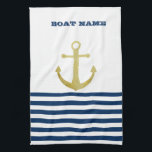 Name des Schiffes, Name des Gold Anchors Blaue Str Geschirrtuch<br><div class="desc">Dieses Bild zeigt einen Bootnamen und Anker auf einem marineblau-blau-weiß gestreiften Hintergrund.</div>