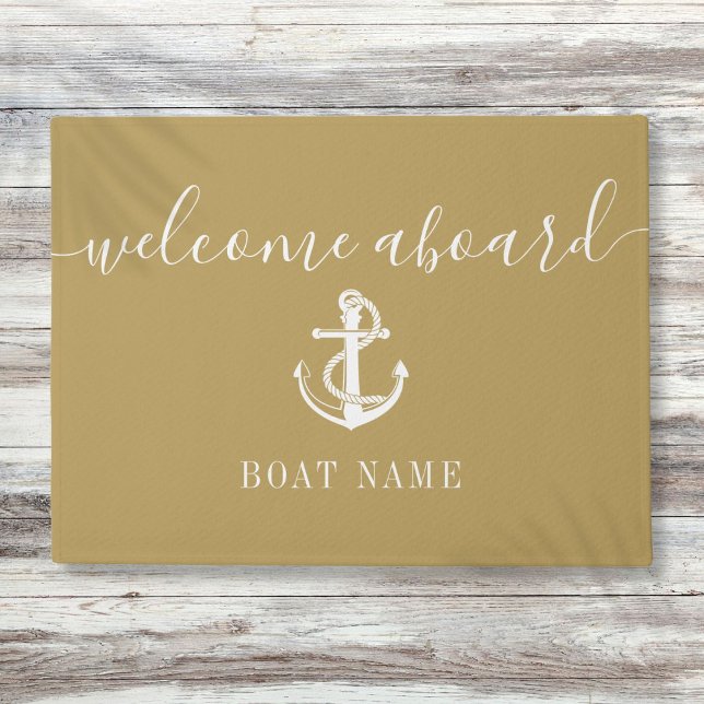 Name des Schiffes Nautic Anchor Gold Willkommen an Fußmatte (Nautical Anchor Boat Name Gold Welcome Aboard Doormat)