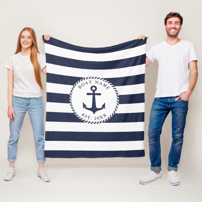 Name des Schiffes Nautic Anchor Navy White Stripes Fleecedecke (Beispiel)
