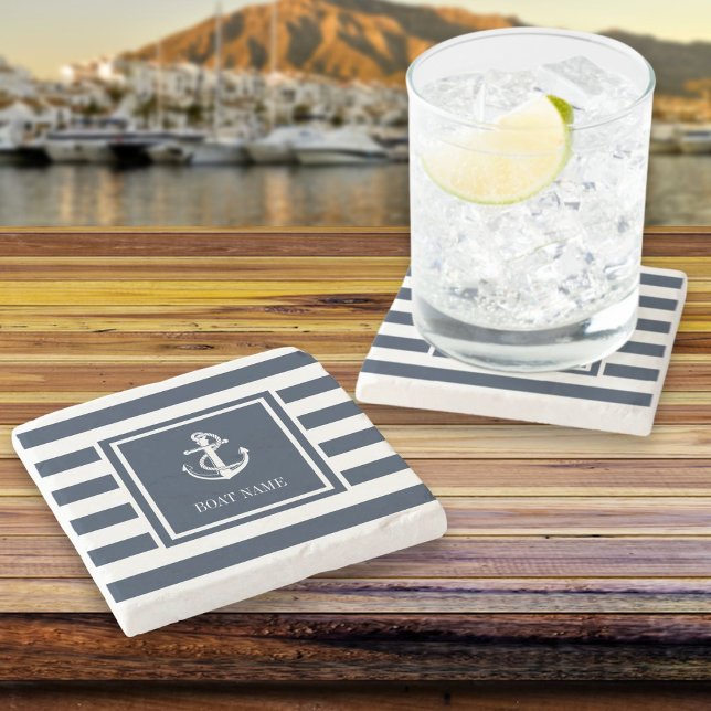 Name des Schiffes Nautical Anchor Navy Blue Strip Steinuntersetzer (Boat Name Nautical Anchor Navy Blue Stripe Stone Coaster)