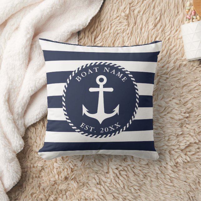 Name des Schiffes Nautical Navy Blue White Anchor  Kissen (Decke)