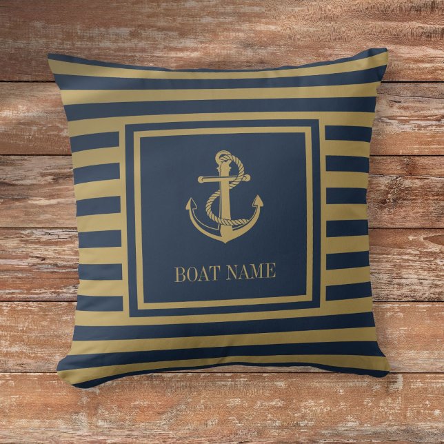 Name des Schiffes Navy Blau und Gold gestreift Kissen (Nautical Boat Name Navy Blue And Gold Striped Throw Pillow)