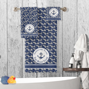 Name des Schiffes Navy Blue Anchor White Badhandtuch Set