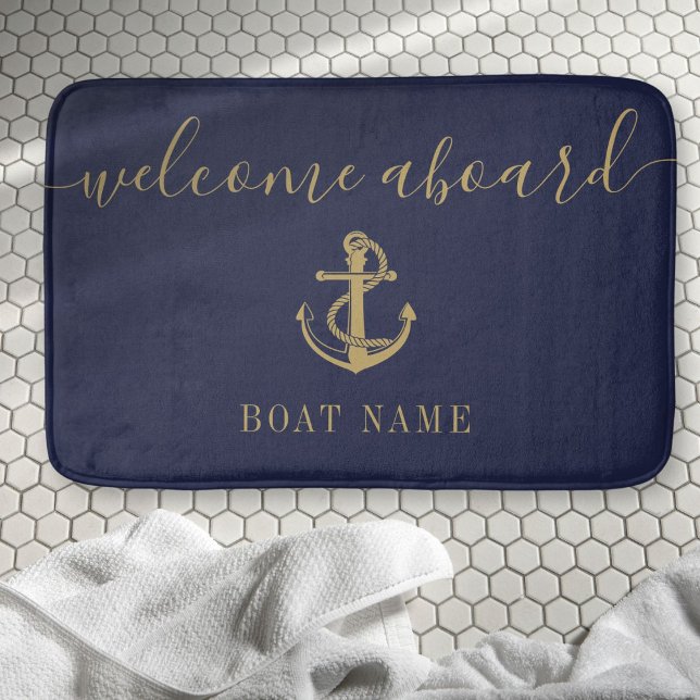 Name des Schiffes Navy Blue Gold Willkommen an Bor Badematte (Nautical Boat Name Navy Blue Gold Welcome Aboard Bath Mat)