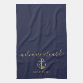 Name des Schiffes Navy Blue Gold Willkommen an Bor Geschirrtuch
