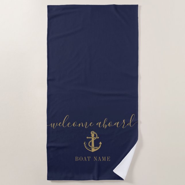 Name des Schiffes Navy Blue Gold Willkommen an Bor Strandtuch (Vorderseite)