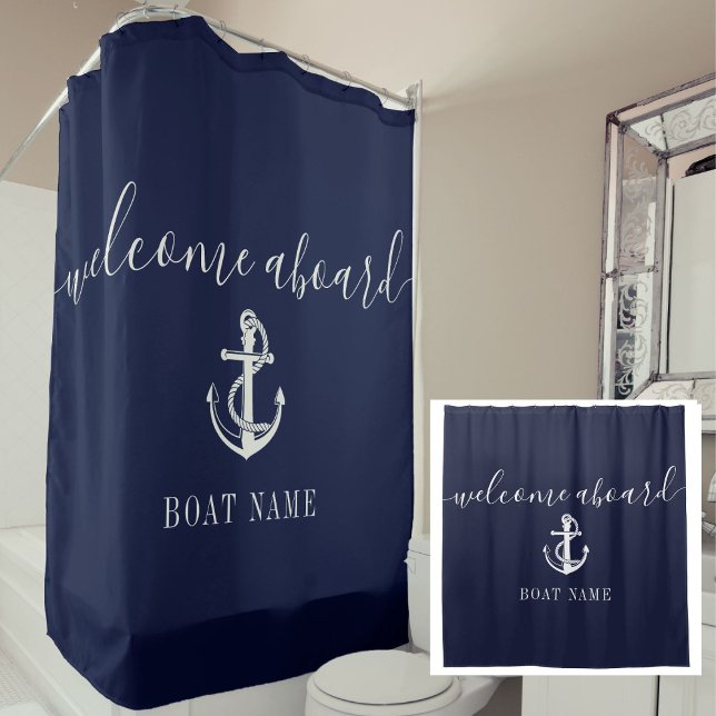 Name des Schiffes "Navy Blue Nauchor" an Bord Duschvorhang (Navy Blue Nautical Anchor Boat Name Welcome Aboard Shower Curtain)