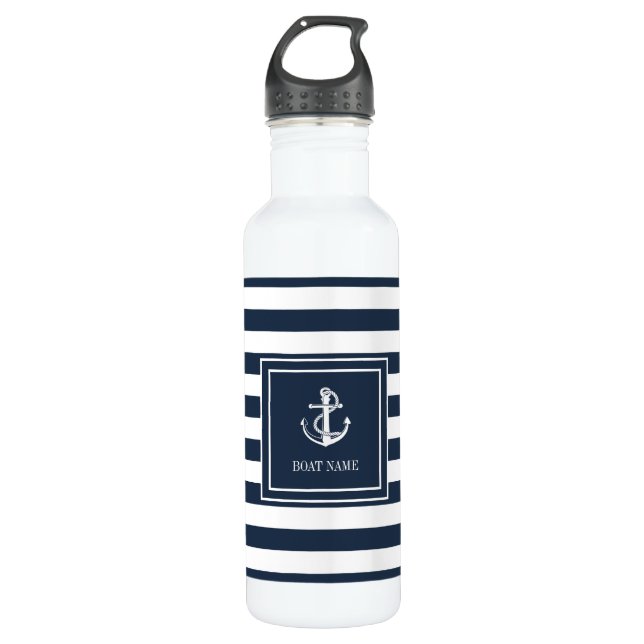 Name des Schiffes Navy Blue Stripe Nautical Anchor Edelstahlflasche (Vorderseite)