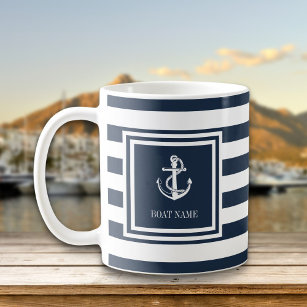 Name des Schiffes Navy Blue Stripe Nautical Anchor Kaffeetasse