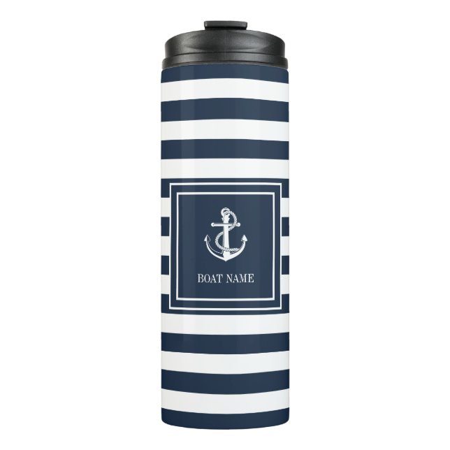 Name des Schiffes Navy Blue Stripe Nautical Anchor Thermosbecher (Vorderseite)