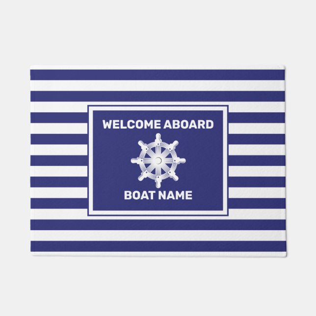 Name des Schiffes Navy Blue Striped Door Mat Fußmatte (Vorderseite)