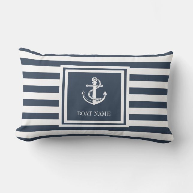 Name des Schiffes Navy Blue Striped Nautical Ancho Kissen Für Draußen (Vorderseite)