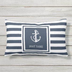 Name des Schiffes Navy Blue Striped Nautical Ancho Kissen Für Draußen