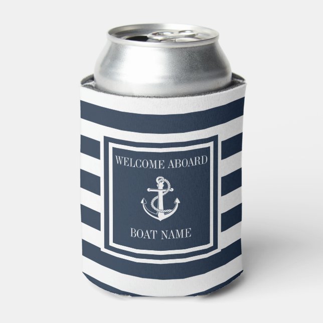 Name des Schiffes Navy Blue Striping Nautical Anch Dosenkühler (Kanne Vorderseite)