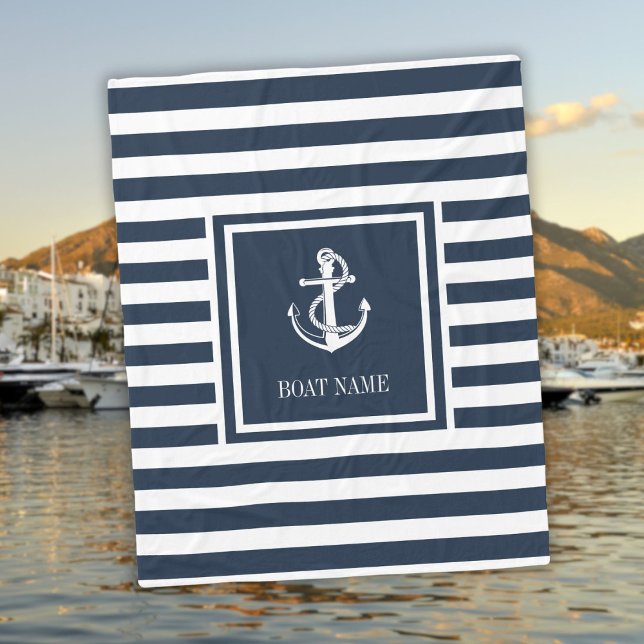 Name des Schiffes Navy Blue Striping Nautical Anch Fleecedecke (Navy Blue Striped Nautical Anchor Boat Name Fleece Blanket)