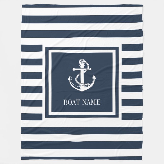 Name des Schiffes Navy Blue Striping Nautical Anch Fleecedecke (Vorderseite)