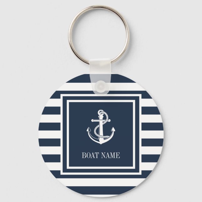 Name des Schiffes Navy Blue Striping Nautical Anch Schlüsselanhänger (Vorderseite)