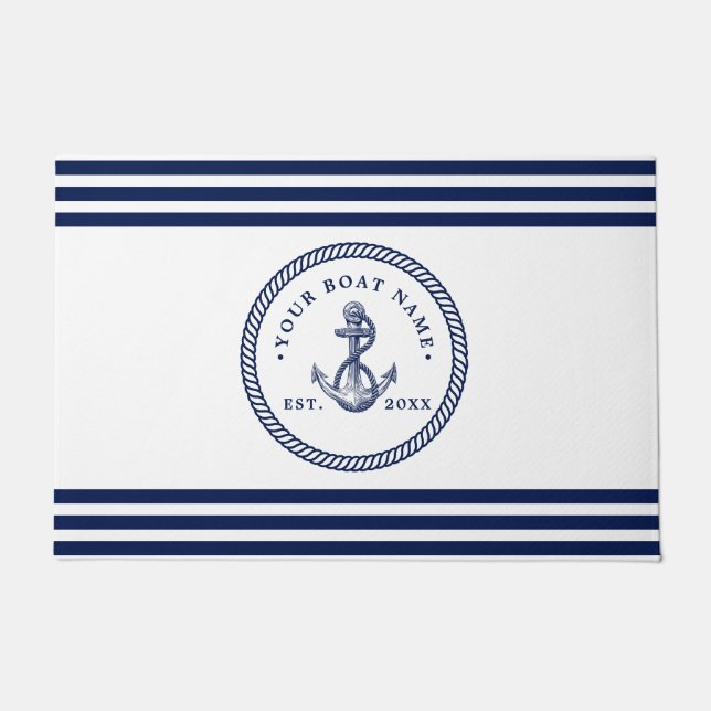 Name des Schiffes Navy Blue & White Fußmatte (Vorderseite)