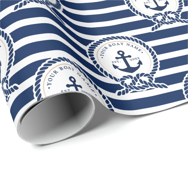 Name des Schiffes Navy Blue & White Geschenkpapier (Rolleneckpunkt)