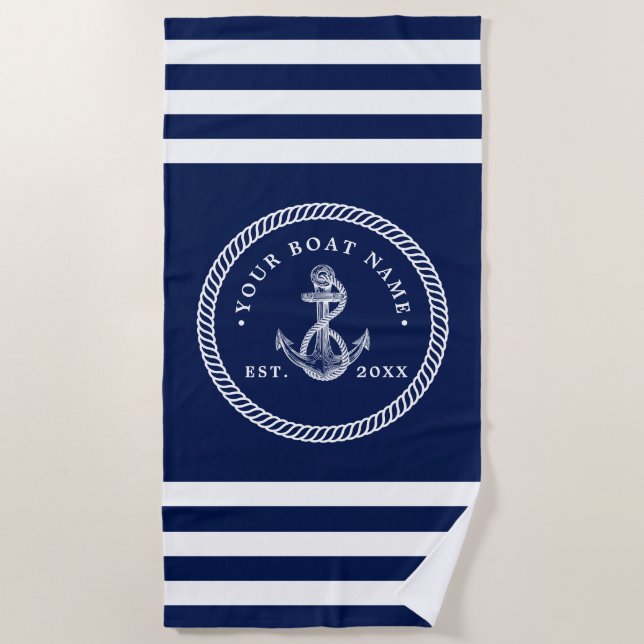 Name des Schiffes Navy Blue & White Strandtuch (Vorderseite)