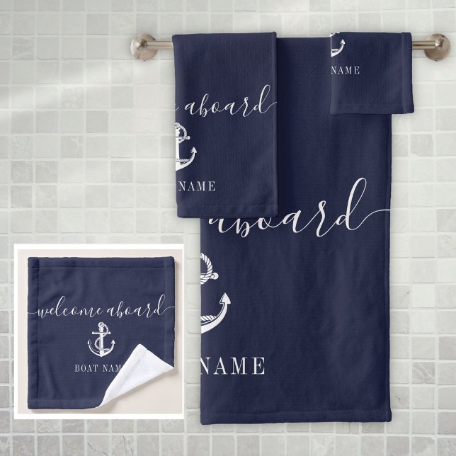 Name des Schiffes: Navy Blue Willkommen auf dem Sc Badhandtuch Set (Navy Blue Welcome Aboard Nautical Anchor Boat Name Bath Towel Set)