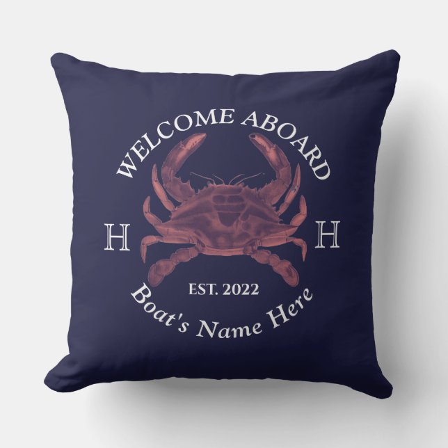 Name des Schiffes Red Crab Willkommen Marine Blue Kissen (Vorderseite)