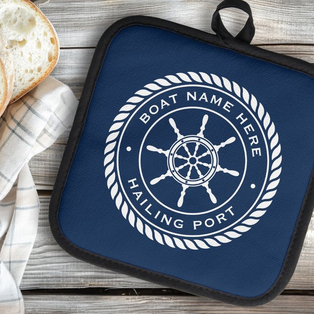 Name des Schiffes und Name des Schiffes, das das R Topflappen (Boat name and hailing port nautical ship's wheel pot holder)