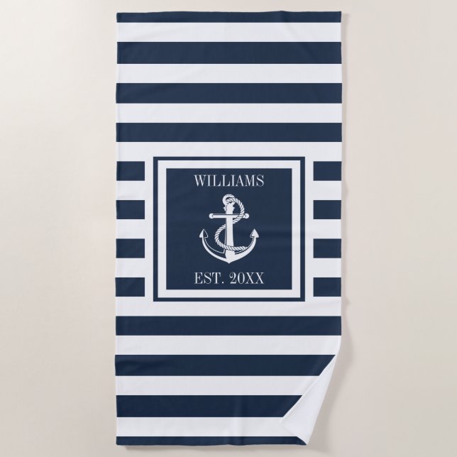 Name des Schiffs der Navy Blue Stripe Nautical Anc Strandtuch (Vorderseite)