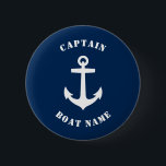 Name des Schiffs des Schiffskapitäns Blue Button<br><div class="desc">Navy Blue Classic Nautical Anker und Ihr Personalisierter Bootsname und die individuell anpassbare Captain Rank Button.</div>