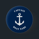 Name des Schiffs des Schiffskapitäns Blue Button<br><div class="desc">Navy Blue Classic Nautical Anker und Ihr Personalisierter Bootsname und die individuell anpassbare Captain Rank Button.</div>