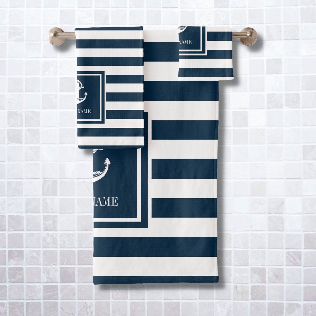 Name des Schiffs "Navy Blue Stripe Nautic Anchor" Badhandtuch Set (Von Creator hochgeladen)