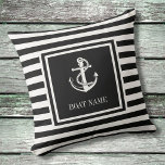 Name des Schwarz-weiß gestrichenen Nautical Anchor Kissen<br><div class="desc">Ein nautisches Design mit einem Anker,  schicken schwarz-weißen Streifen und personalisiert mit Ihrem Bootsnamen. Entwickelt von Thisisnotme©</div>