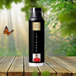 Name des schwarzen Firmenlogos Foto Trinkflasche<br><div class="desc">Ein klassischer schwarzer Hintergrund. Personalisieren Sie Ihr Firmenlogo,  Ihren Namen und ein Profil-Foto und fügen Sie es hinzu.</div>