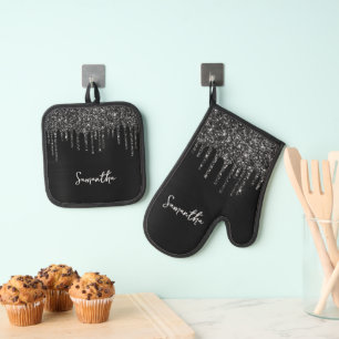 Name des schwarzen Glitzer Ofenhandschuh & Topflappen-Set