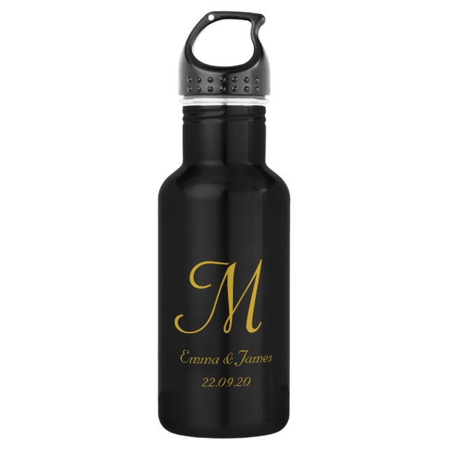 Name des schwarzen Gold Monogram-Skriptnamens Edelstahlflasche (Vorderseite)