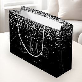 Name des Schwarzen Silver Glitzer Glam Monogram Große Geschenktüte