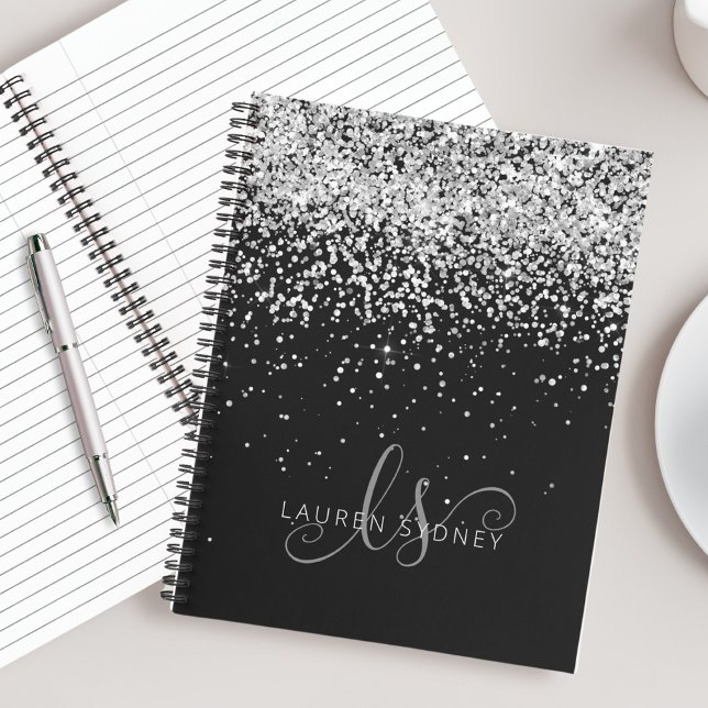 Name des Schwarzen Silver Glitzer Glam Monogram Notizbuch (Von Creator hochgeladen)