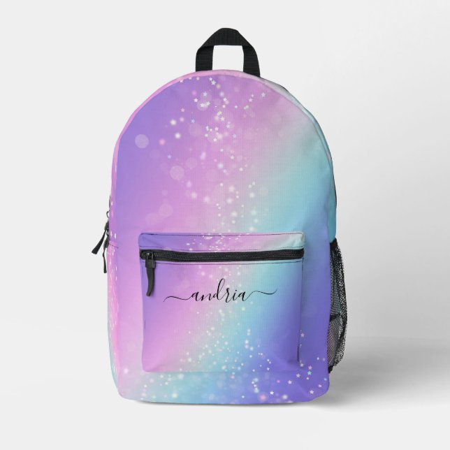 Name des schwarzen Skripts, Bokeh Stars Lila & Bla Bedruckter Rucksack (Vorderseite)