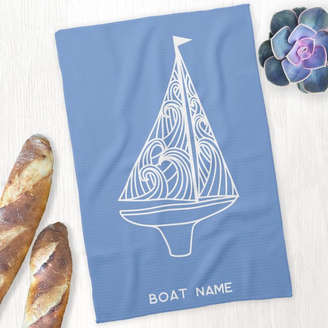 Name des Segelbootes Geschirrtuch (Personalized boat name blue and white sailing boat nautical kitchen tea towel)