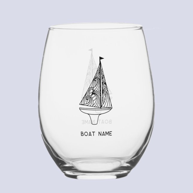 Name des Segelbootes Weinglas Ohne Stiel (Sailing boat with custom boat name text modern stemless wine glass)