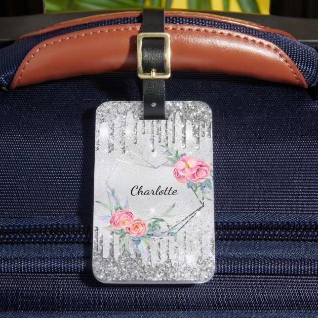 Name des silberblütenrosa Glitzer Monogramm Gepäckanhänger (Vorderseite Insitu 2)