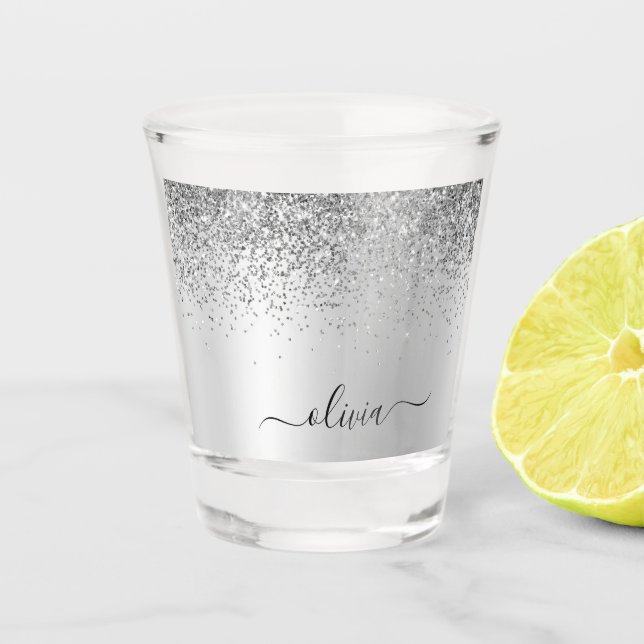 Name des Silver Glitzer Girly Metal Monogram Schnapsglas (Vorderseite)