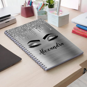 Name des Silver Glitzer Sparkle Eyelashes Monogram Notizbuch