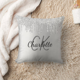 Name des Silver Glitzer Tropfens Monogramm Kissen