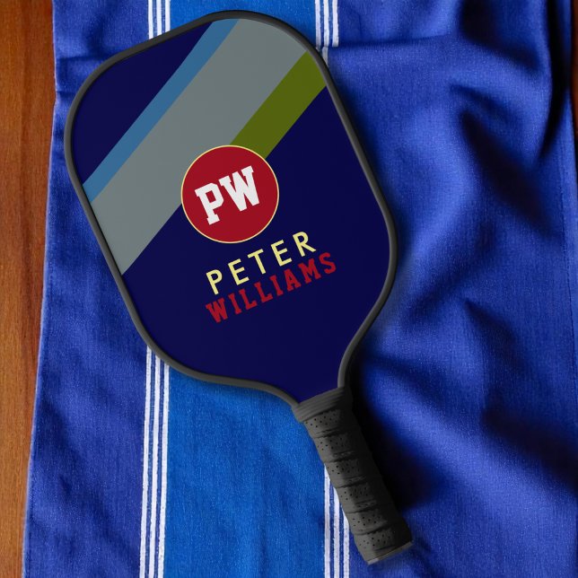 Name des Spielers auf gestreiftem Blau Pickleball Schläger (Von Creator hochgeladen)