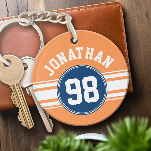 Name des Sports Jersey Blue und Orange Stripes Schlüsselanhänger (Personalized Keychain - sports jersey theme)