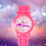 Name des tropisch rosa Flamingo-Marmor-Monogramms Armbanduhr<br><div class="desc">Tropischer Spaß und alles Rosa! Ein niedliches Rosa und Flamingo,  die dich anschauen. Moderner rosa Marmorboden. Ein rosa Banner und eine Vorlage für Ihren Namen,  weiße Buchstaben. Rosa Zahlen.</div>