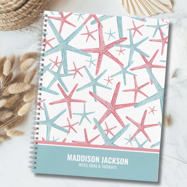 Name des tropischen Strandes Notizbuch (Cute Pretty Coastal Teal Pink Starfish Beach Name Notebook)