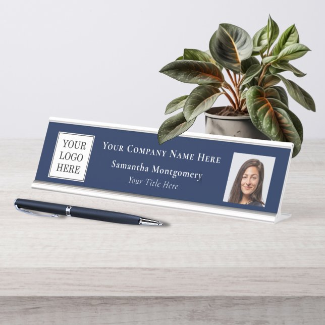 Name des Unternehmens Name des Fotos "Custom Blue  Schreibtischnamensplakette (Custom Blue Business Logo Photo Company Name Title Desk Name Plate)